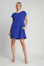 Umgee Textured Jacquard Dress with Pearl Details in Sapphire