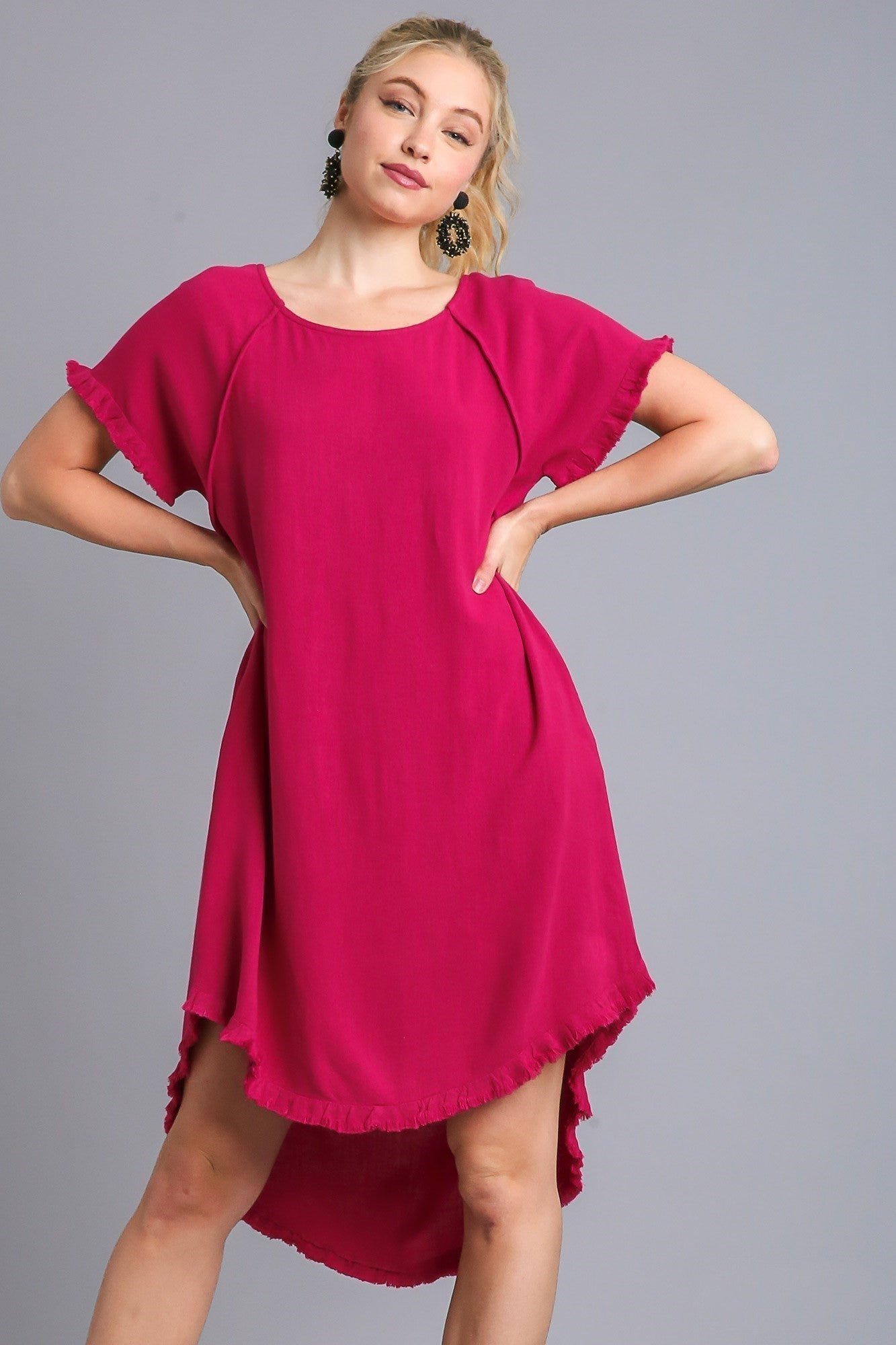 C1716_sk_1-1.jpg Umgee Ruby High Low Linen Blend Dress with Frayed Details - Image 1