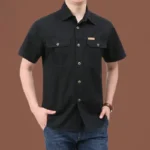 Mens Short Sleeve Cotton Casual Tactical Shirt Half Sleeve for Hiking Climbing Hunting Outdoor Sport Shirt for Men-Black / 2 XL