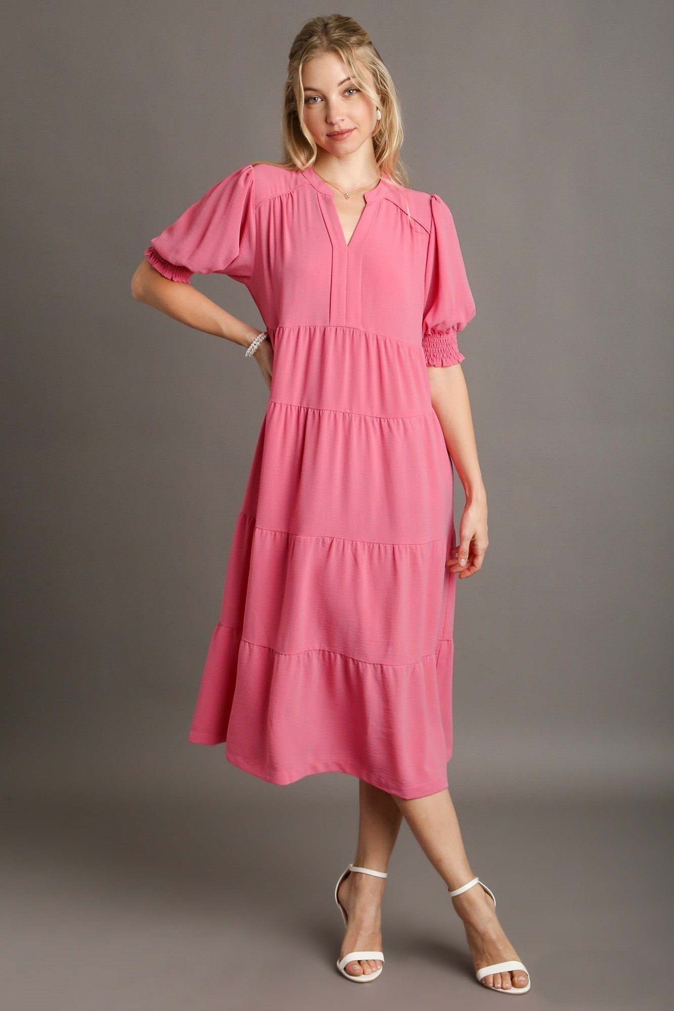 K7786_cs_1-1.jpg Umgee Solid Color A-Line Tiered Midi Dress with Piping Details in Rose Pink - Image 1