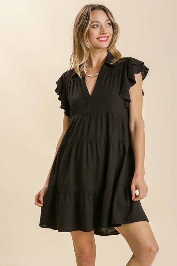 a0195-black-1-1.jpg Umgee Black Linen Blend Tiered Dress with Ruffled Sleeves - Image 1